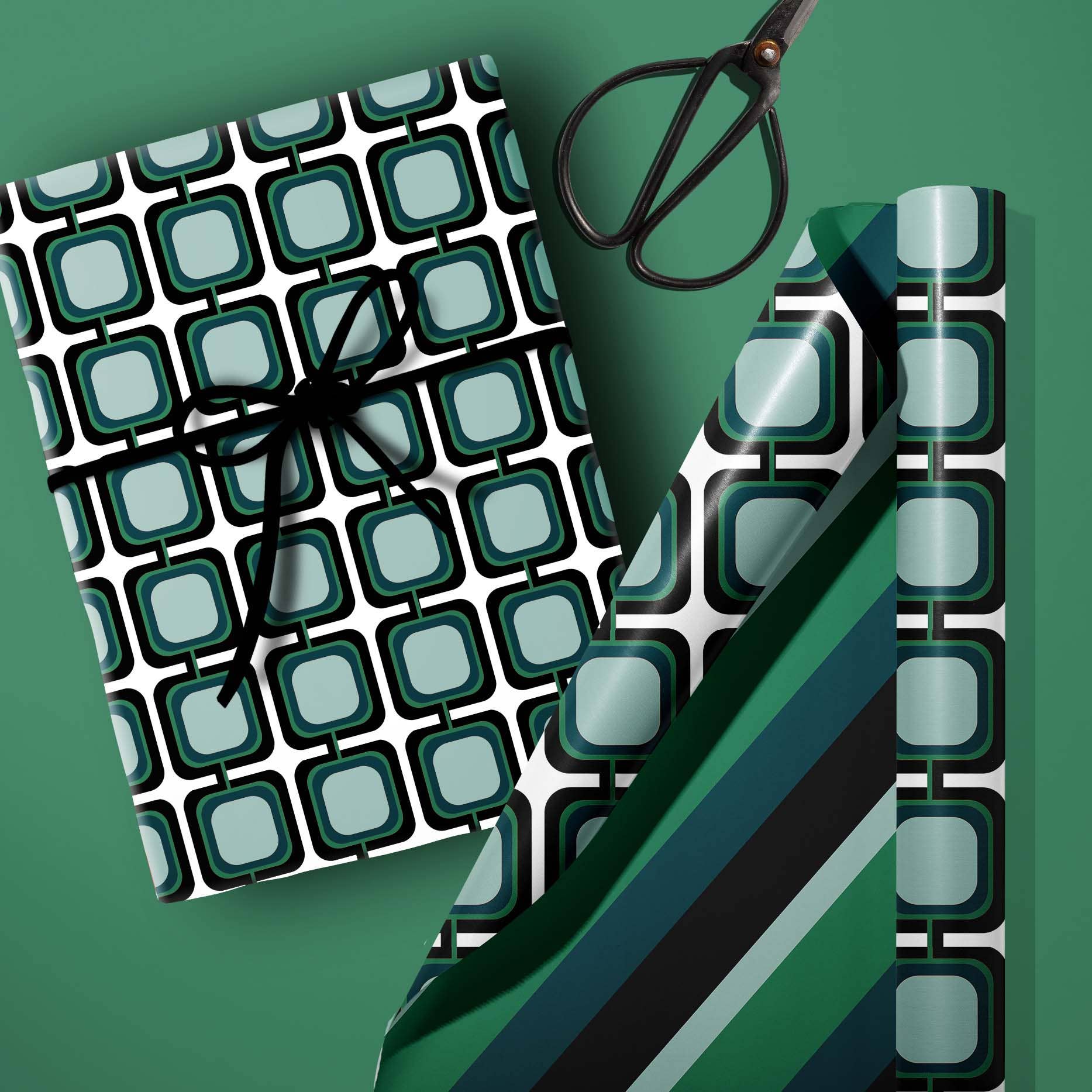 Blue Retro Squares Mid Century Modern Double Sided Gift Wrap